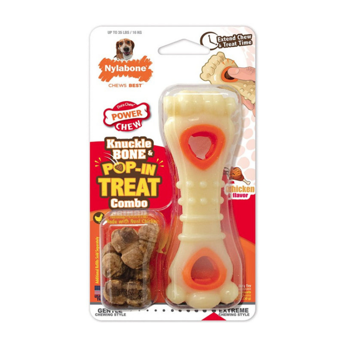 Nylabone Power Chew Knuckle Bone and Pop-In Treat Toy Combo Chicken Flavor Wolf